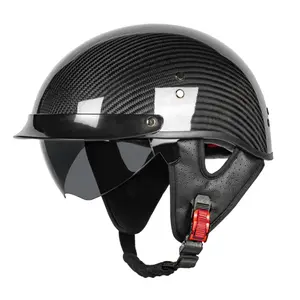 QUICKOOL Ultralight 850g Real 3K Carbon Fiber Motorcycle Half Helmet, DOT Approved Low Profile Retro Open Face Shell with Drop Down Visor for Cruiser Chopper Scooter