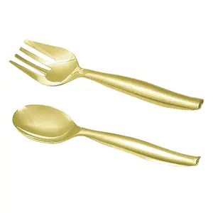Gold Disposable Plastic Serving Flatware Set - 5 Serving Spoons and 5 Serving Forks