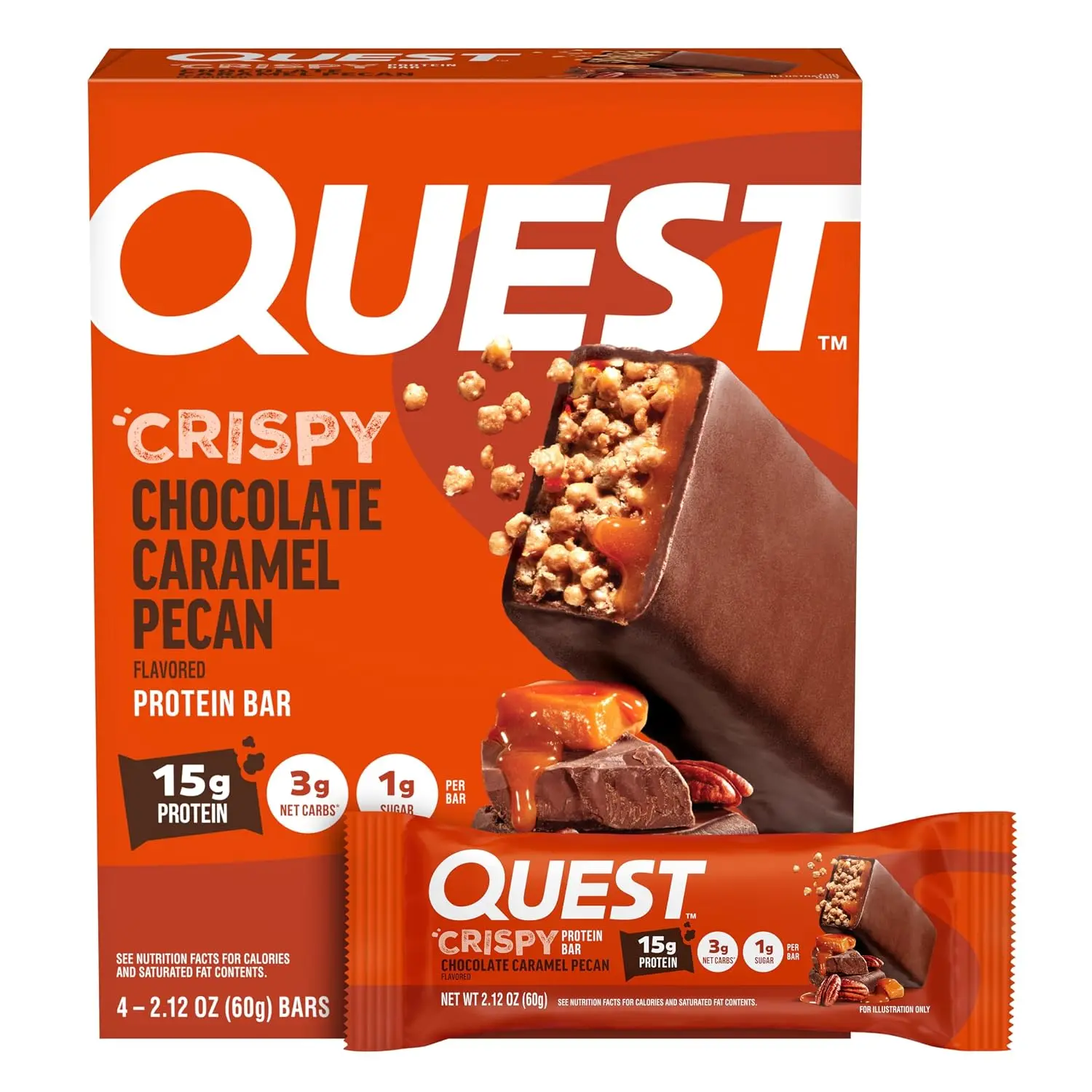 Quest Nutrition Crispy Protein Bar, Chocolate Caramel Pecan, 4 Count | 15g Protein, 1g Sugar, 3g Net Carbs, 11g Fiber, Gluten Free, High Quality Protein, Individually Wrapped 2.12oz Bars