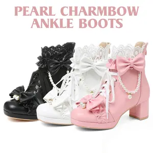 Womens Goth Platform Fashion Boots Ankle Boot Round Toe Chunky Block Heels Lace Up Back Zipper Comfy Gifts for her Slip On Cute Bow Knots Pears Party Wedding Cosplay Kawaii Shoes