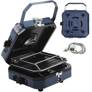 SCITOO 2 Burner Folding Camping Stove with Griddle, Portable Camp Isobutane Gas Stove with 16000 BTU Adjustable Burners & Piezo Ignition wind proof