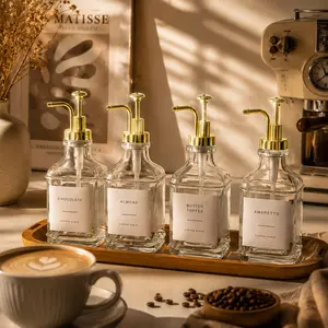 4 Pack Aesthetic Glass Coffee Syrup Dispenser Set withLabels,16.90z Coffee Bar Accessories & Station Organizerwith Gold Pumps for Syrup, Honey, Sauce，square