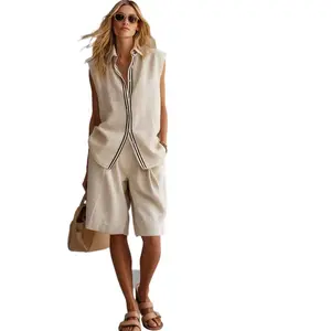 Women Sleeveless Linen Blazer Single Breasted Summer Casual Top romper