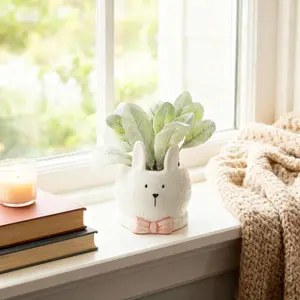 Ceramic Bunny Planter with Faux Lamb's Ear 4.5" x 4.5" x 6.5" White & Green Easy Care Decorative Planter