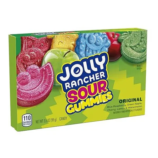 JOLLY RANCHER Sour Gummies Assorted Fruit Gummy Candy Box, 3.5 oz | Sour Candy, fruit flavored JOLLY RANCHER gummies in a movie box for snacking, sharing and candy cravings.