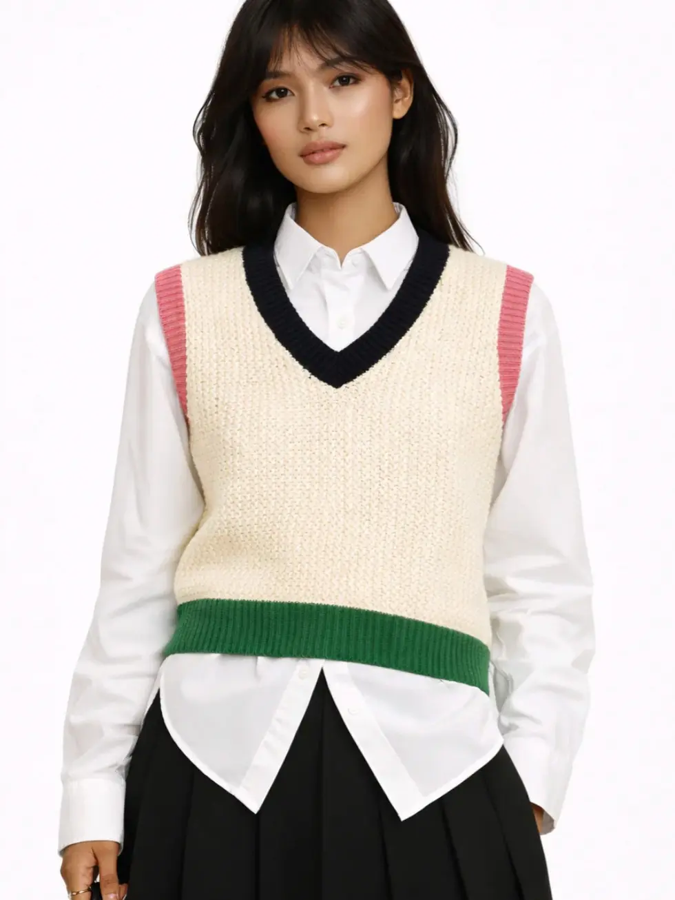Forever 21 Sweater Vest for Women, Preppy Colorblock Cropped V-Neck Aesthetic Knit Tops, 1 Piece, Contrast Binding, Casual, Polyester, Ribbed, Open Women's Vests, Classic Women's Vests