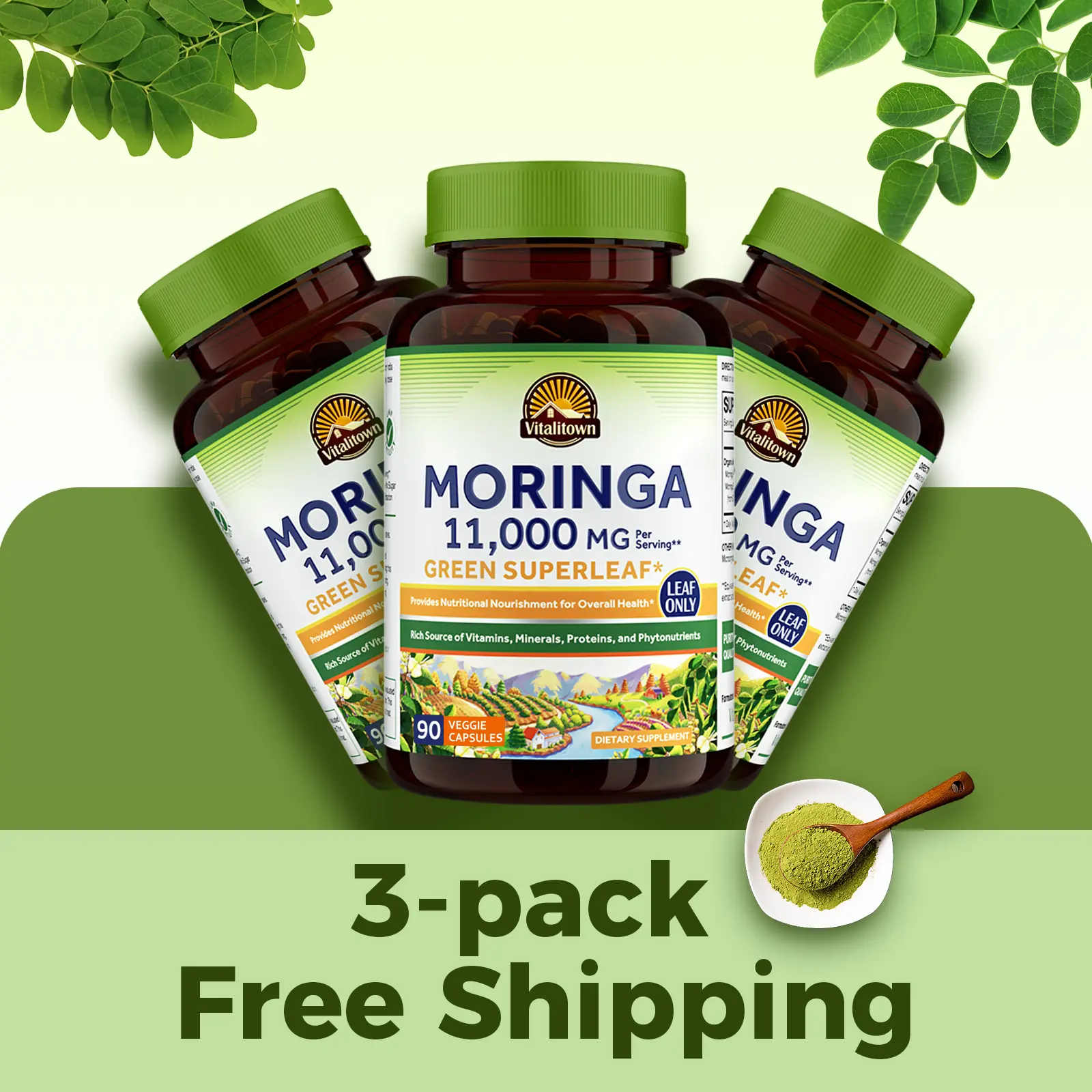 3pack Vitalitown Moringa Capsules 11,000 MG, Organic Moringa Supplement,  No Sticks, No Caffeine, Moringa Oleifera, Energy, Appetite, 90 Capsules