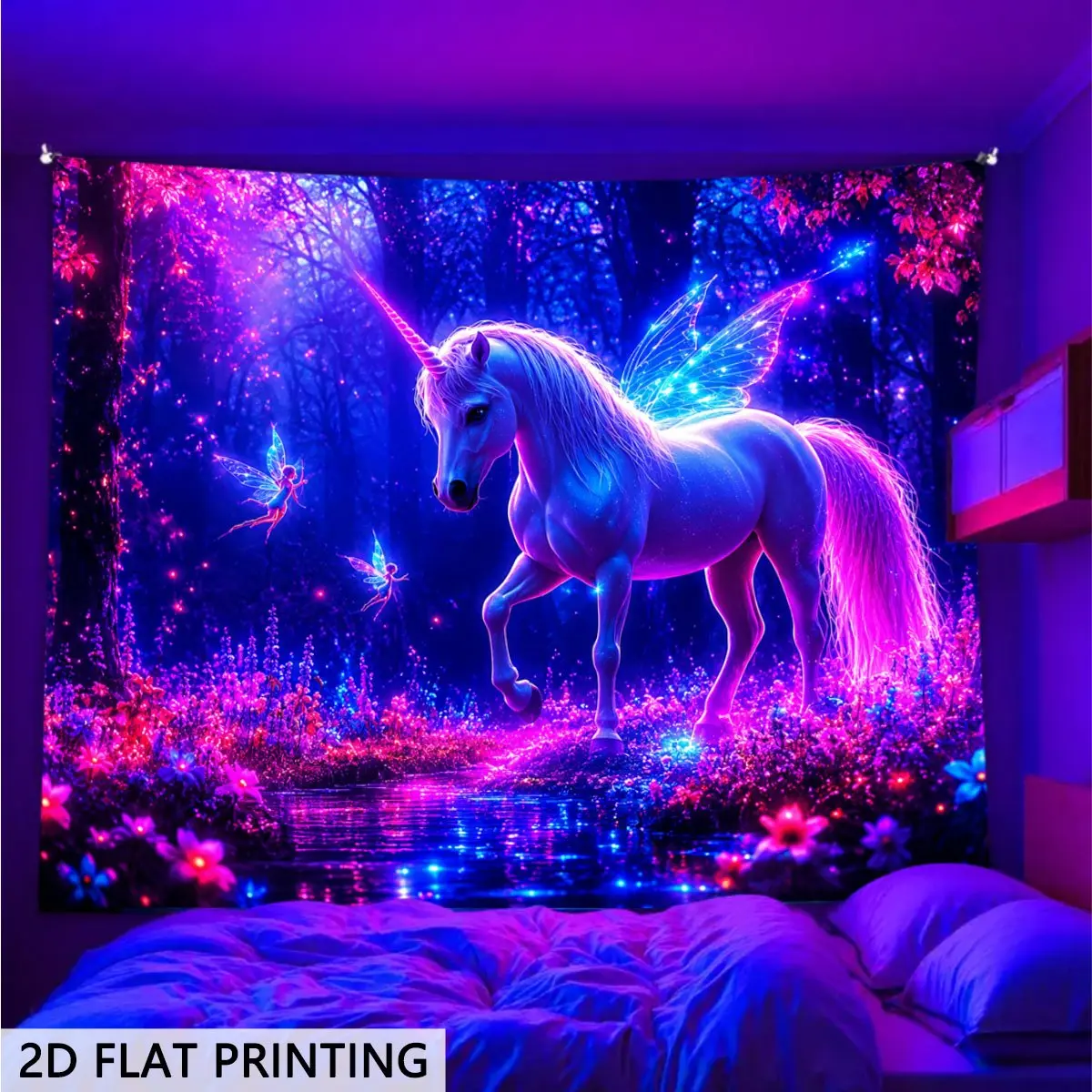 2D Flat - 2D Flat Blacklight Glow in The Dark Tapestry, Neon Unicorn Fairy Magical Forest Design, Wall Hanging for Bedrooms, Living Rooms, And Offices. Father'S Day Decor, Game Room Decor, Festive Party Decor, College Dorm Decor,family,dormitory