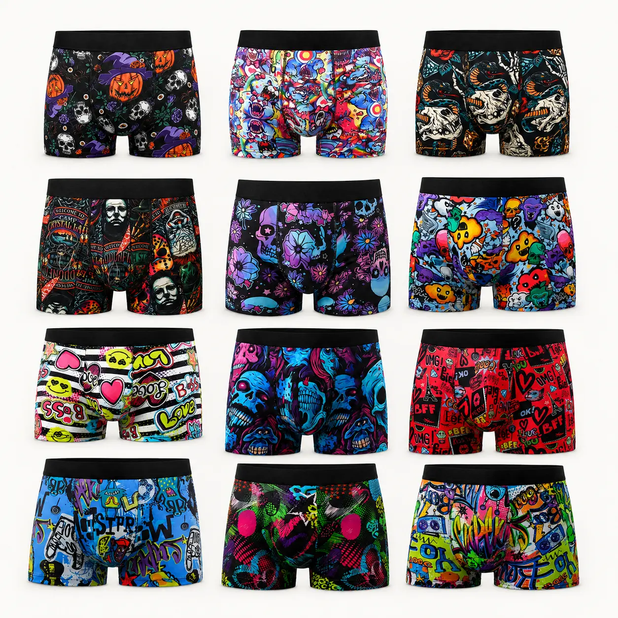 12pcs KXLBL Men's Cartoon Tie-Dye Striped Boxer Briefs - Soft, Comfortable, Breathable Polyester Blend, Vibrant for Athletic & Casual Wear + Mixed Color Beige Socks Value Pack Bundle Deal