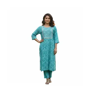 Teal Geometric Kurta Set with Embroidered Yoke 3/4 Sleeves Straight Fit 2PS-6 Sizes M L XL XXL for Versatile Wear