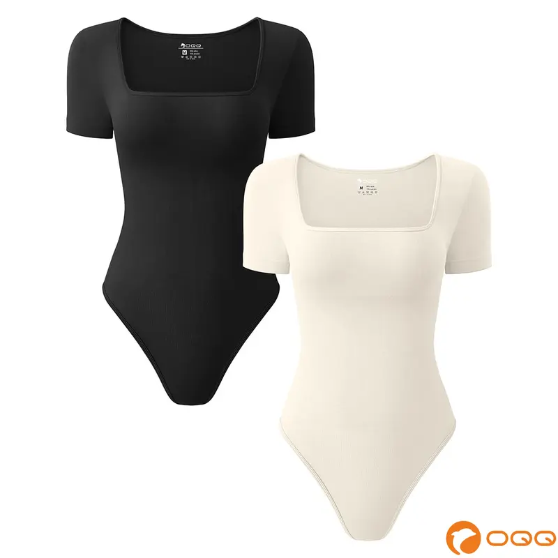 OQQ Women's 2 Piece Bodysuits Sexy Ribbed Square Neck Short Sleeve Bodysuits Trendy