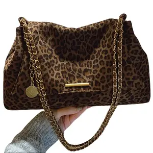 Faux Suede Womens Leopard Print Shoulder Bag Large Capacity Tote with Delicate Chain Strap Soft Comfortable Fabric Handbag for Daily Commute Phone Pouch Coin Purse Cosmetic Bag