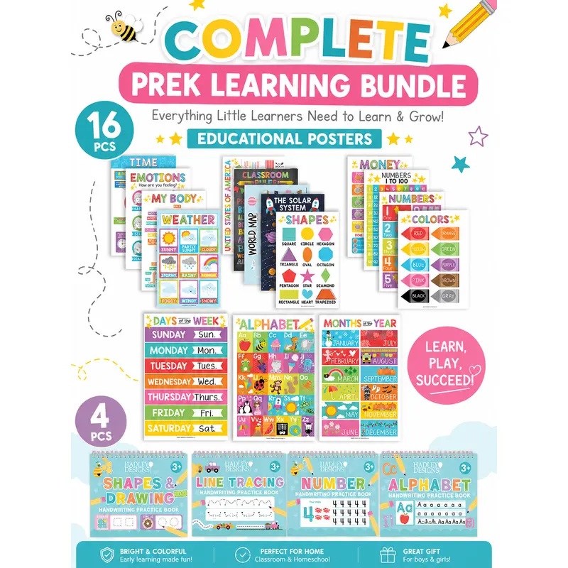 Hadley Designs Preschool Learning Bundle - 16 Pcs Alphabet Educational Posters & Magic Grooved Handwriting Workbook Set for Toddler Learning Activities, Homeschool Ages 3-7, Boys & Girls
