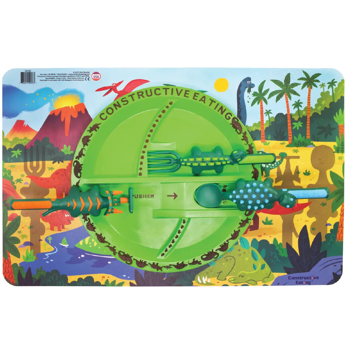 Constructive Eating Utensil Set with 3 Dinosaur Utensils, Plate and Placemat  - Made in USA - Kitchenware - Kitchen Utensils