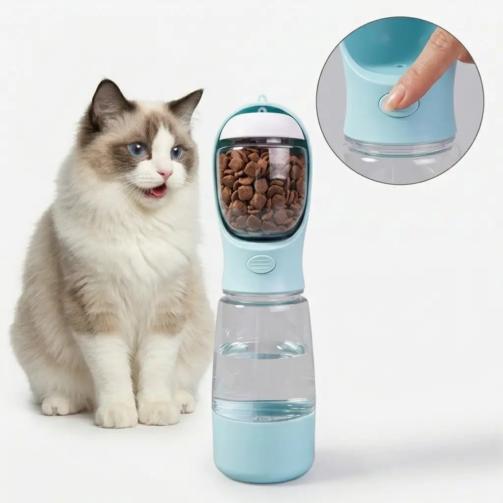 3-in-1 BPA-Free ABS + PC Pet Water Bottle - Compact Dog & Cat Travel Dispenser with Bowl, Food Storage, Poop Bag Holder, Leak-Resistant Locking System, Easy 1-Hand Operation for Daily Walks & Outdoor Activities