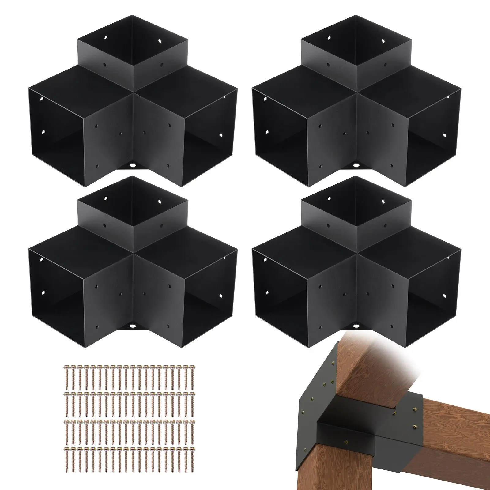 VEVOR 6" x 6" Carbon Steel 3-Way Heavy-Duty Right Angle Corner Clamp Brackets Kit, 4 Pieces with 80 Drill Tail Screws, Easy-Install Pergola Bracket Outdoor Hardware for Woodworks DIY Users#BacktoSchool