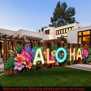 Hawaiian Tropical Party Banner, Outdoor Banners, Neon Aloha Sign with Floral Decor, Wedding Beach Party Photography Background, Durable Polyester Decoration