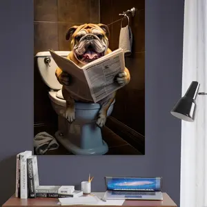 English Bulldog Reading Newspaper On Toilet: Humorous Animal Poster