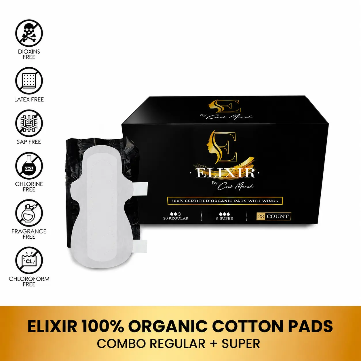 Elixir by Cocó March Organic Cotton Pads, Feminine Menstrual Care Pads for Women, Regular and Super Pads with Wings (28ct)