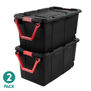 Sterilite Extra-Large Wheeled Industrial Storage Bin, 40 Gallon Durable Plastic Storage Tote with Latching Lid and Pull Handle, Black, 2 Pack