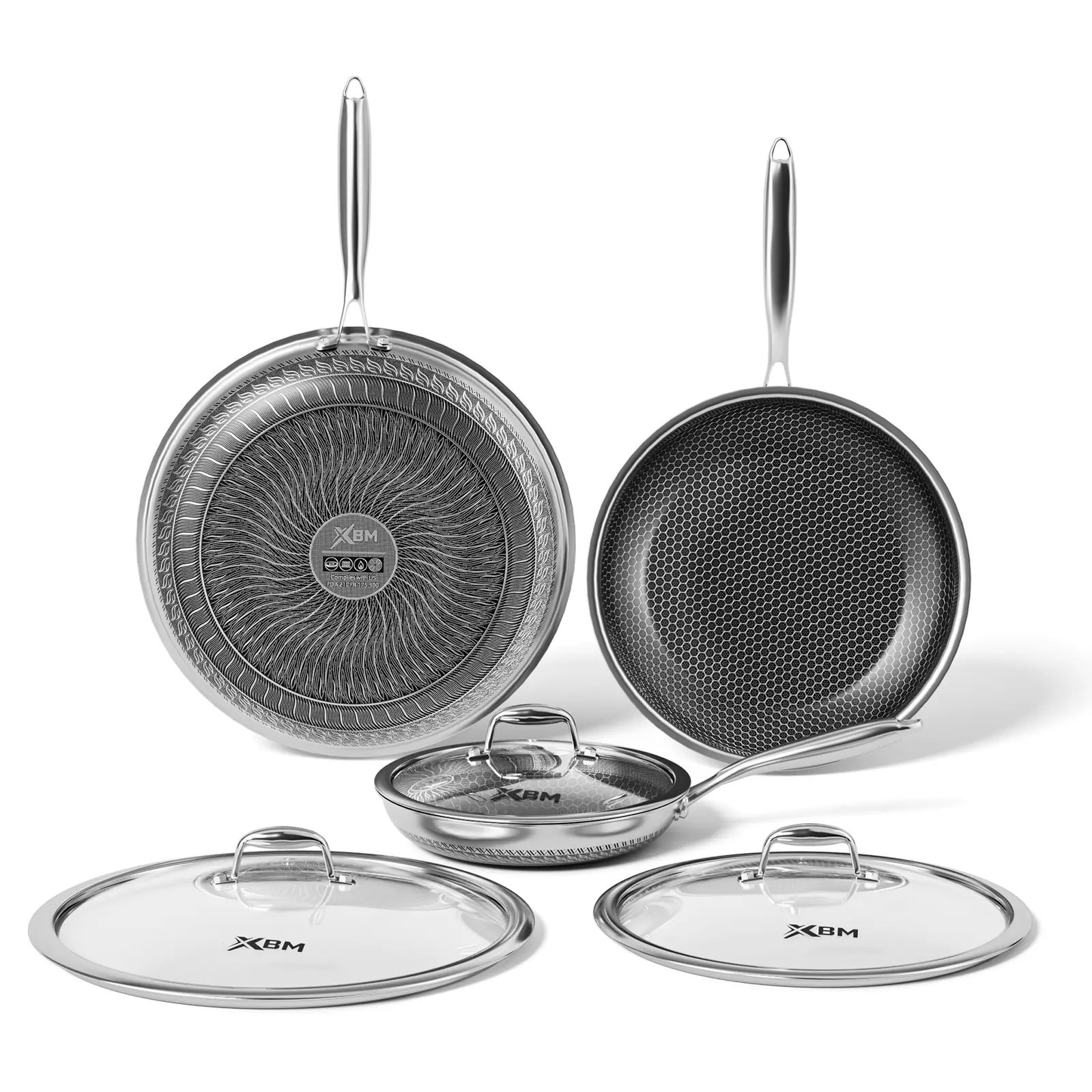 XBM Professional Multi-Size Non Stick Pans - 7in/8in/10in/12in Honeycomb Skillet, Rivetless Seamless Interior, 100% PTFE/PFOA-Free Ceramic Coated, Tri-Ply Stainless Steel, Induction-Safe Oven-Safe Cookware, Omelette Pan, Ceramic Nonstick Coated