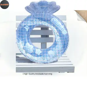 Jiajchuf Inflatable Baby Spring Float with Canopy, Glitter Blue Gingham Toddler Pool Float, Anti-Rollover Infant Swim Trainer, Kids Swim Ring