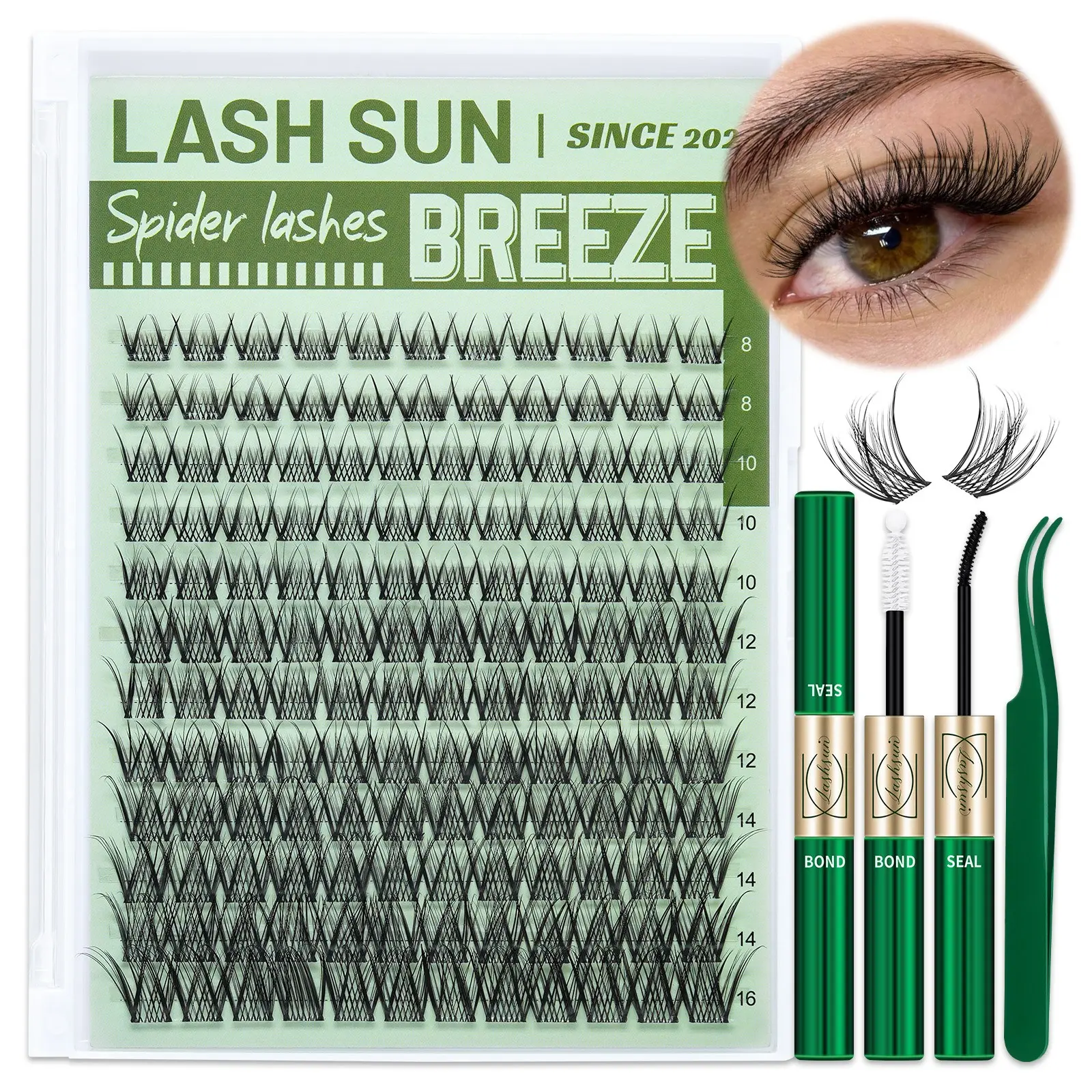 Lashsun Spider Breeze Lash Clusters Kit, Wispy Natural False Lash Extension Beauty Eyelash Clusters D Curl 8-16mm Cluster Eyelash Extensions Reusable Individual Lashes with Invisible Band for DIY at Home, Kit with Bond&Seal Tweezers False Eyelashes Set
