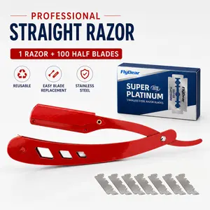 Professional Barber Straight Razor for Men, Red Straight Edge Shavette Razor with 100 Safety Blades Included, Reusable Stainless Steel Manual Shaver Kit for Beard Shaping, Daily Grooming, Travel & Gifts head body Set shaving gear care w