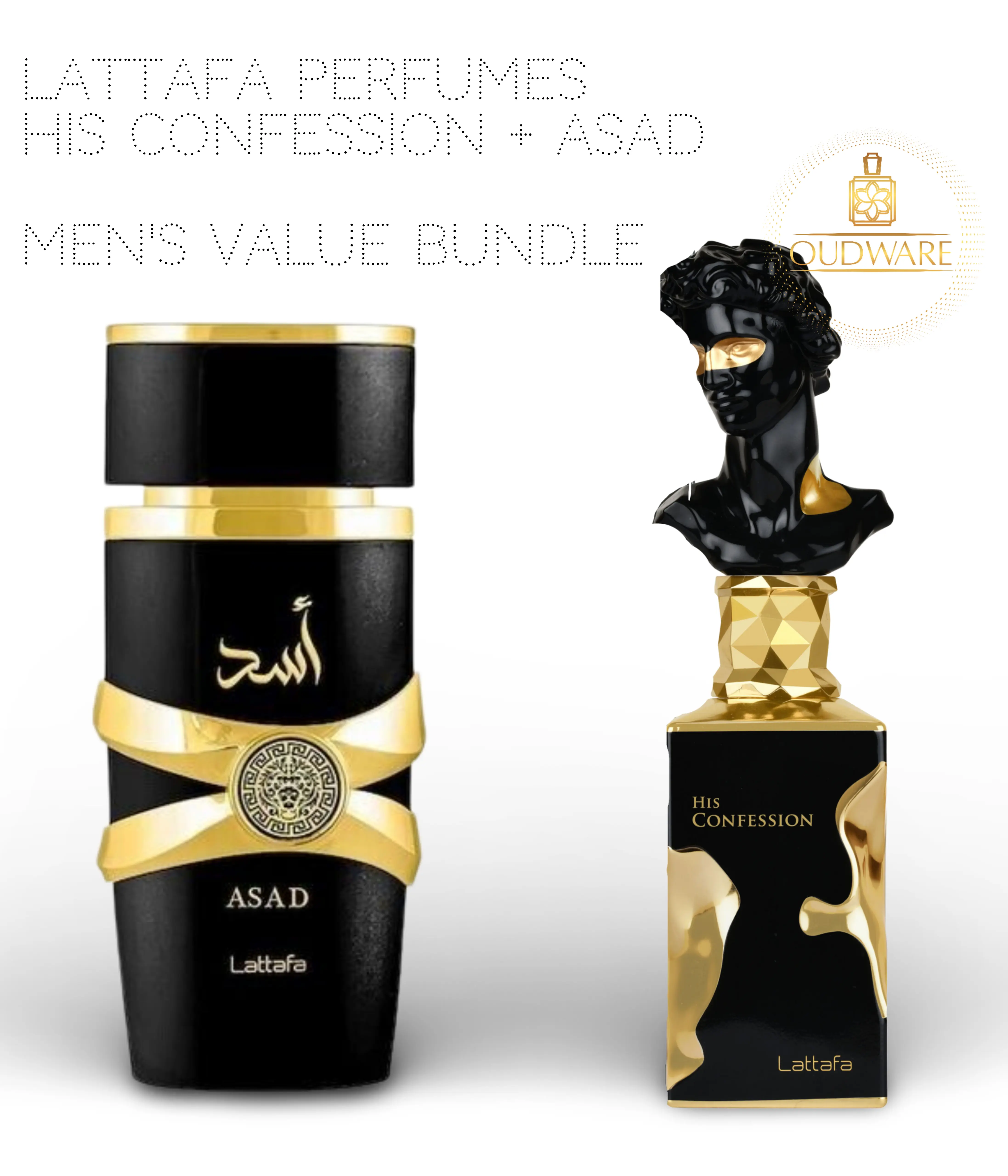 Lattafa His Confession + Asad 100ml (3.4 Oz) Men's Fragrance Value Bundle - Long Lasting, Intense Masculine, Luxurious, Musky, Powerful Scents - Luxury Gift Set, Long Lasting Fragrance, Intense Masculine Scent