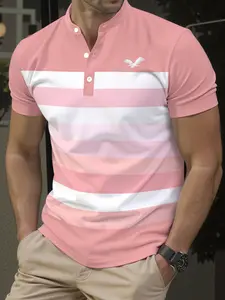 Men's Short Sleeve Fitted T-Shirt, Colorblock Casual Fit, Stand Collar Button Neck, Perfect for Daily Wear and Outdoor Sports, Ideal Gift, Clothes