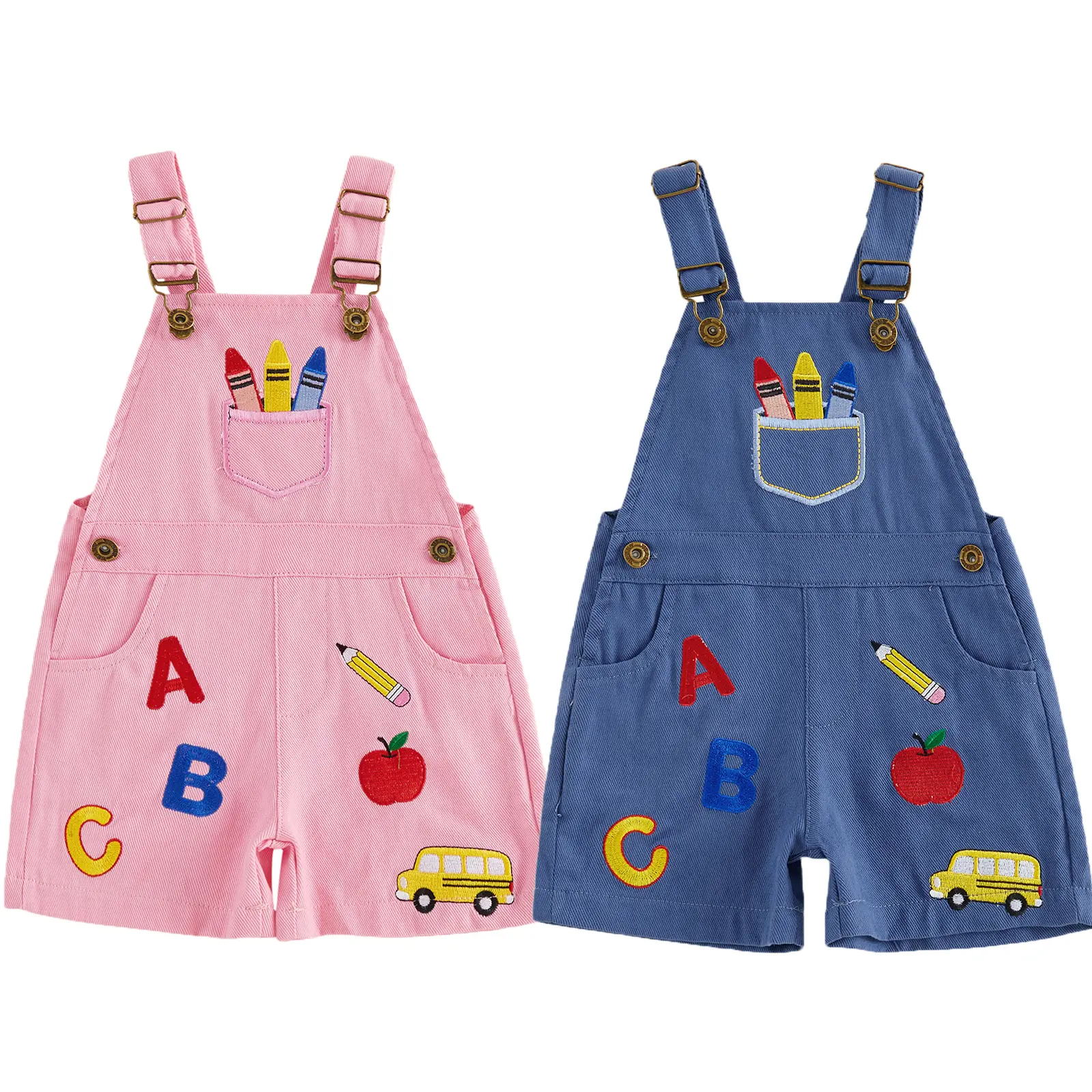 PYBCVRRD Kids Toddler Girls Boys Overalls Shorts Pencil Apple Letter Embroidered Sleeveless Overalls Jumpsuit Kids Rompers Back to School Outfits Clothes