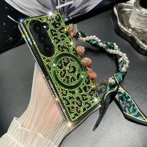 Rhinestone Decor Phone Case with Lanyard, Cellphone Fashion Phone Protective Cover, Phone Accessories Compatible with Samsung Galaxy Z Fold 3/ Z Fold 4 /Z Fold 5 /Z Fold 6/Z Fold 7, Shockproof Protection, Casing, Shockproof Smartphone Cover