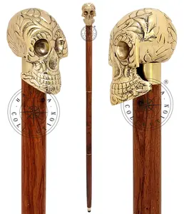 Skull Head Design Cane Wooden Walking Stick Vintage Gift for Men & Women Skull Handel Walking Stick Hardwood Shaft Cane Solid Brass Handle Walking Cane Skull Knob Carved Cane (Brown & Gold 3)