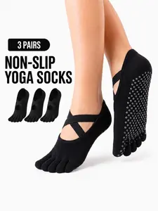 3 Pairs/4 Pairs Cotton Non-Slip Yoga Socks for Women, Five-Finger Pilates Socks, Sporty Solid Pattern, All Seasons