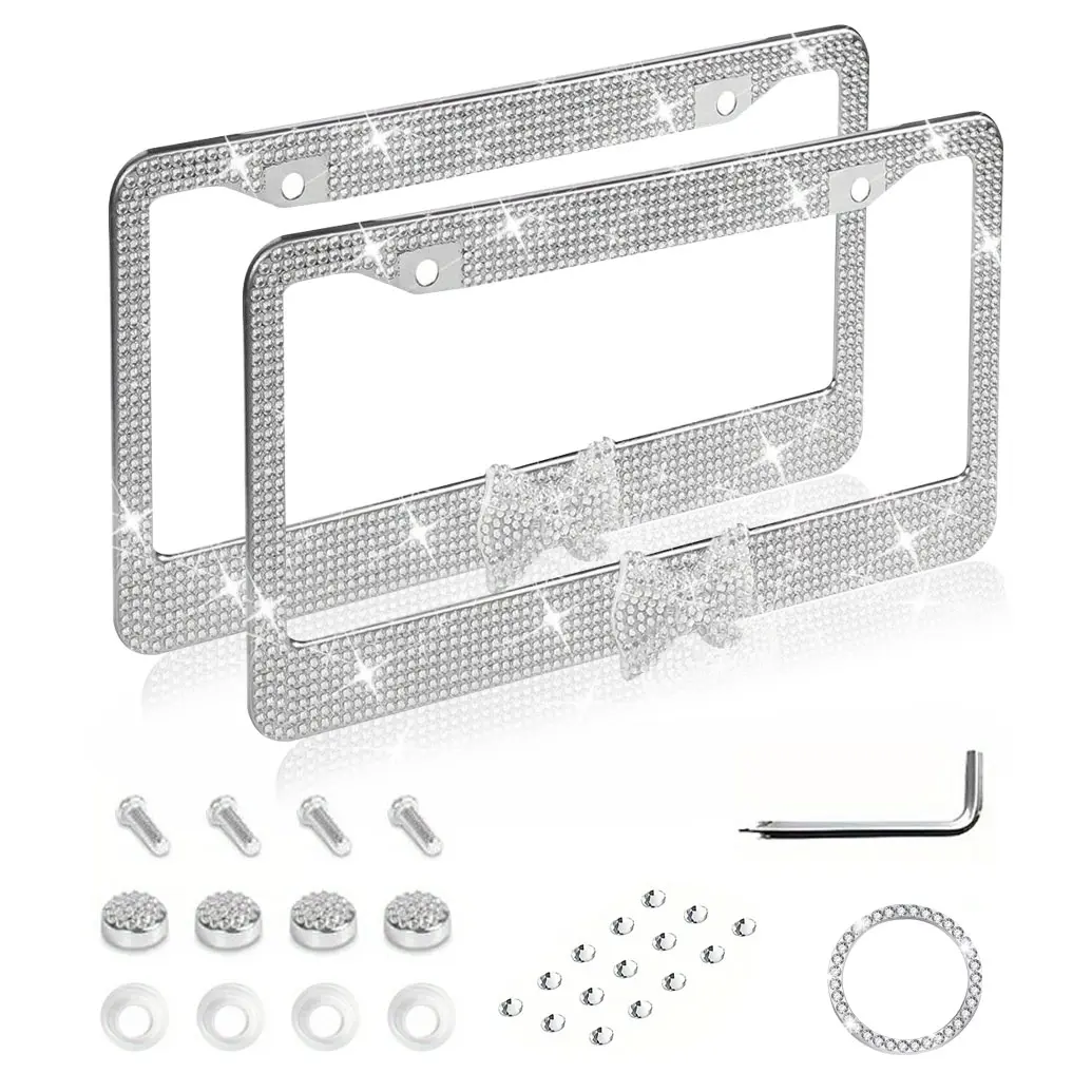 This cute bowknot bling license plate frame is covered in crystal rhinestone glitter, comes in multiple colors, includes a full set of anti-rust hardware, fits US standard plates, and adds a sweet sparkle to any car exterior