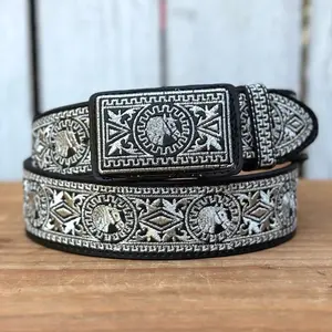 Black and Silver “Negro Caballo” Western Style Belt Made with Genuine Leather and Metallic Thread Embroidery