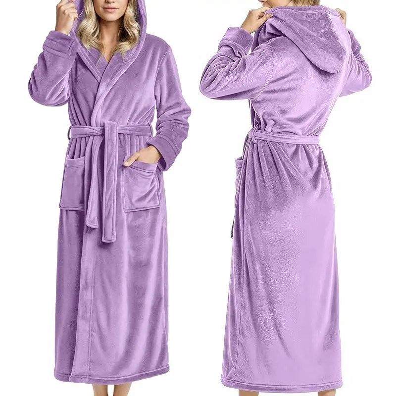NY Threads Women's Buttery Soft Fluffy Flannel Fleece Long-Sleeve Hooded Body Wrap Bathrobe with Pockets - Adjustable Belt, Casual Loose-Fitting Long-Length Sleepwear & Loungewear, Size M, Check Size Chart for Proper Fit