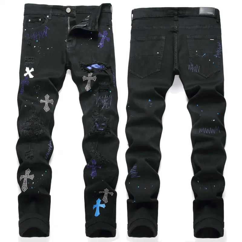 European and American High Street Black Cross Badge Rhinestone Distressed Jeans Men's Slim Fit Casual Long Pants Trendy Brand Streetwear Menswear