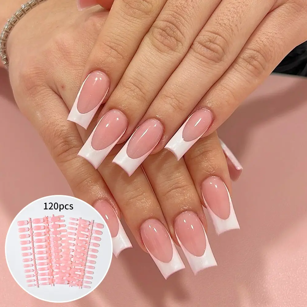 120pcs Large Capacity French Nail Set, French Tip, Classic Nude Gradient, Medium Long Square Shape, Easy Peel & Stick Press On Sets, Fake Nails, False Nail Set, Nail Extensions, Diy Nails Art, Nail Design, French Tips Nails
