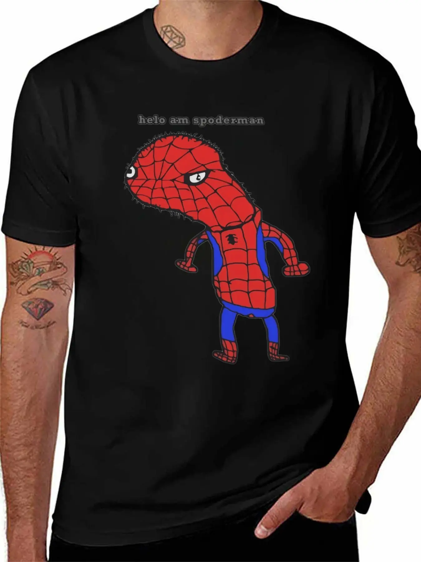 Funny Spider Hero Meme T Shirt, Helo Am Spodekman Graphic Tee, Weird Cartoon Superhero Shirt, Viral Internet Meme Shirt, Funny Streetwear Top for Men Women, Novelty Gift