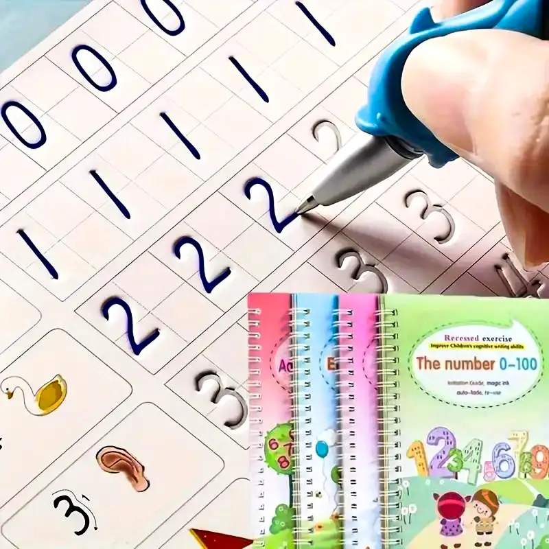 [Back to School Must-Have] Kids' Preschool Learning Kit - Writing & Handwriting Practice Set with Reusable Letters Numbers Tracing Books, Magic Ink Pen, Silicone Pen Grip Aid, 0-100 Thick Paper Practice Sheets for Early Homeschool Supplies