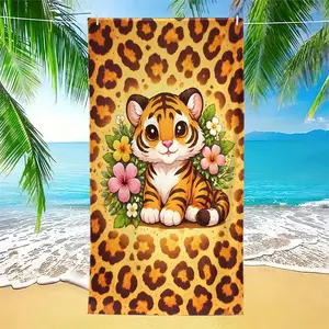 Tropical Jungle Leopard Print Floral Beach Towel, Creative Lotus Flower Design, Soft Absorbent Reusable Bath Pool Shower