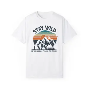 The Nora Tee - Stay Wild T-Shirt with a Stunning Mountain Landscape and an Iconic Striped Sunset