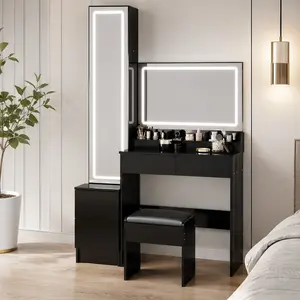 ARCH Extra Large LED Mirror Vanity Table Set with Full Body Mirror Cabinet and Cushioned Stool, Touch Control 3-Color Dimmable Lighting, Multi-Layer Storage, Black MDF, American Design, 63" H x 43.3" D x 15.7" W, for Bedroom Dressing Room Makeup, Multi-Sp