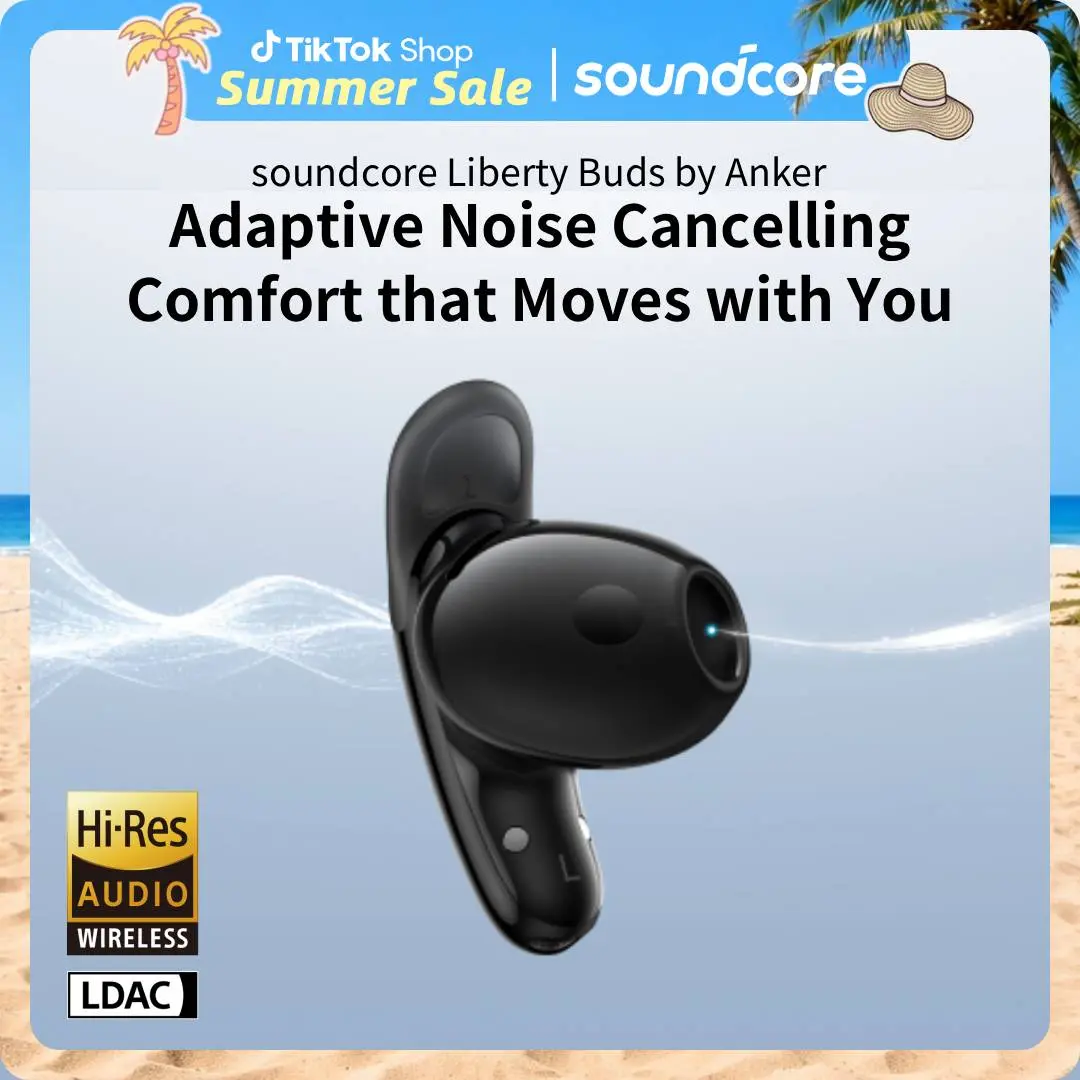 Soundcore by Anker Liberty Buds, Semi-in-Ear Earbuds, with Real-Time Adaptive ANC, Spatial Auido, 30H Playtime, Fast Charging, Wireless Bluetooth Headphones #tiktokshopsummersale