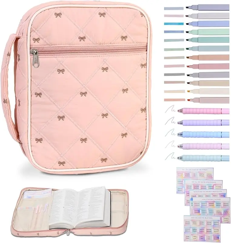 Bible Cover Case Puffer Bible Bag Handle Large Bible Book Carrying Case Bible Tabs  Pens Study Supplies Accessories Kit Quilted Book Carrying Case Journaling Kit Christian Gifts for Women Mom