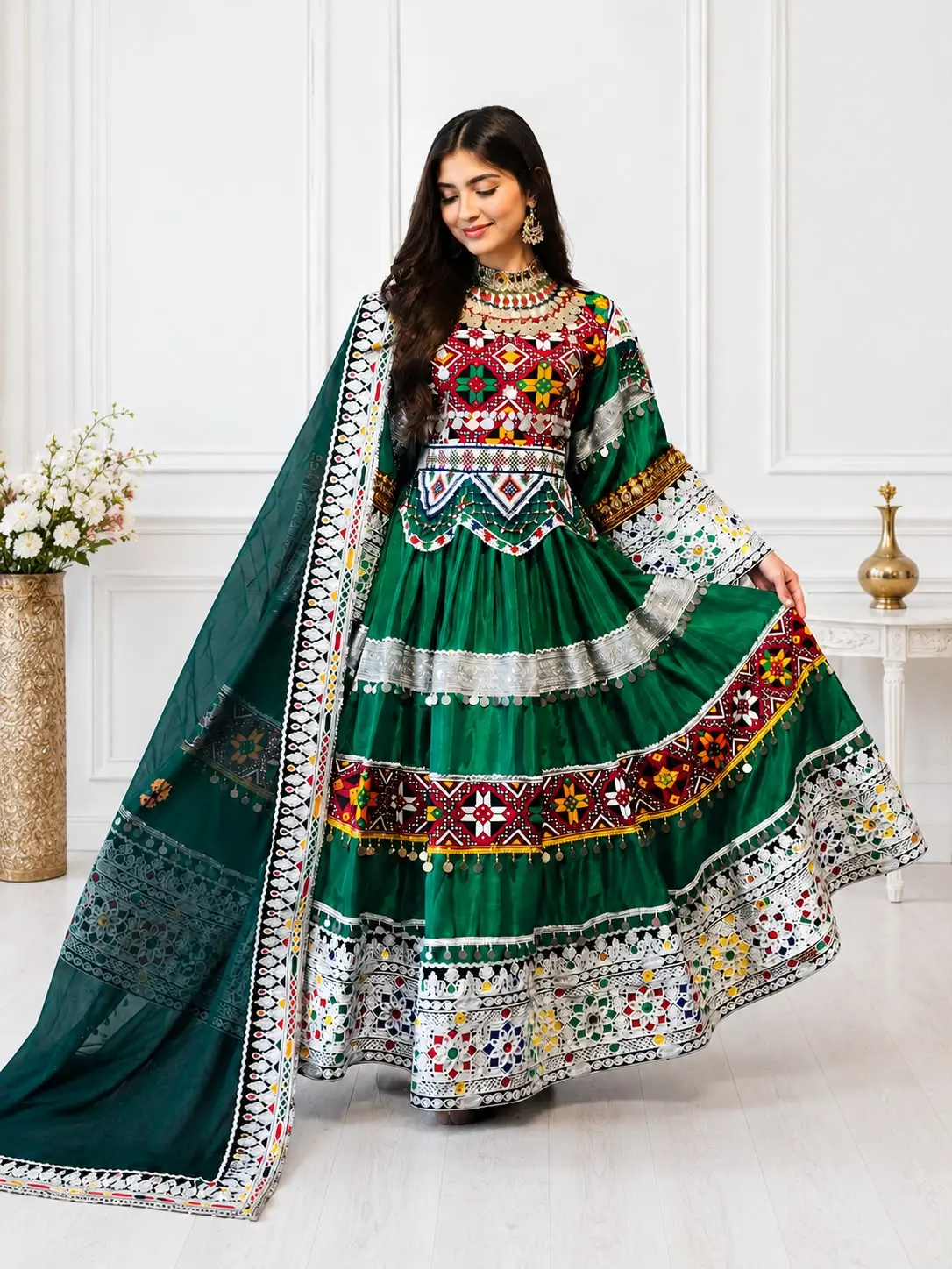 Handmade Afghan Green Kuchi Dress with Heavy Mirror Thread Work Cultural Wedding Party Outfit Embroidered Matching Dupatta Soft Comfortable Fabric Traditional