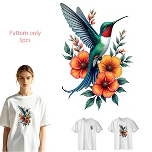 Hummingbird and Flowers DTF Heat Transfer Vinyl, DIY Iron-On Patch for T-Shirts, Jeans, Hoodies, Bags, Durable PVC Material, Washable, Creative Fashion Design, Pattern Only