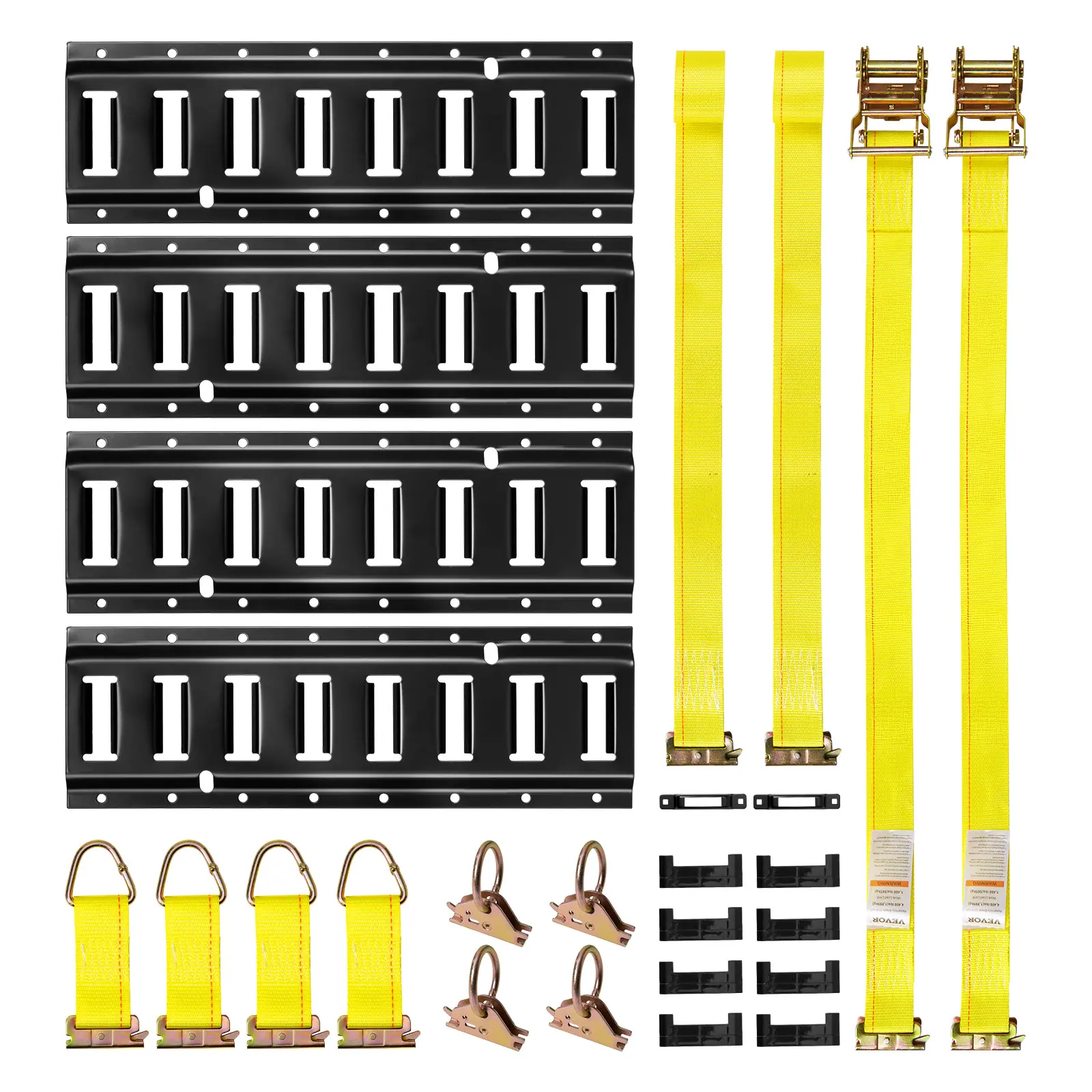 【Summerfinds】VEVOR E-Track Tie-Down Rail Kit,4 Pack 1.3 ft E Tracks Set21 Pcs Includes 2 Ratchet Straps & 4 O-Rings & 4 Tie-Offs with D-Ring & 2 Single Slots & 8 End Caps & 1 BagFit for Garages Vans Trailers