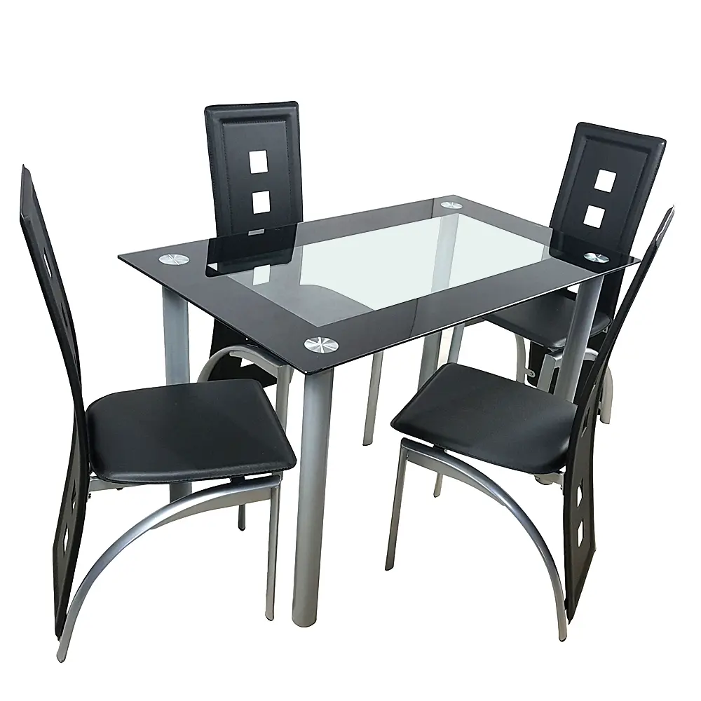 5-Piece Dining Set with 110cm Tempered Glass Table & 4 PVC Chairs Modern Kitchen & Breakfast Dining Living Room Space Saving High-Quality Materials Rust-Resistant Steel Frame